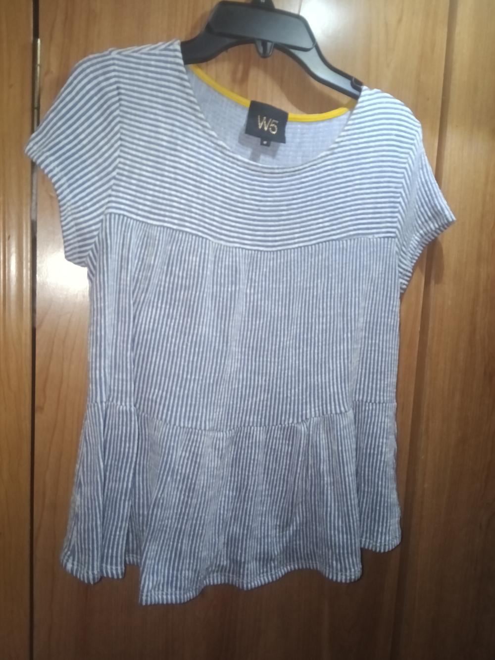 W5 Blue and White Striped Peplum Tunic with Yellow Trim